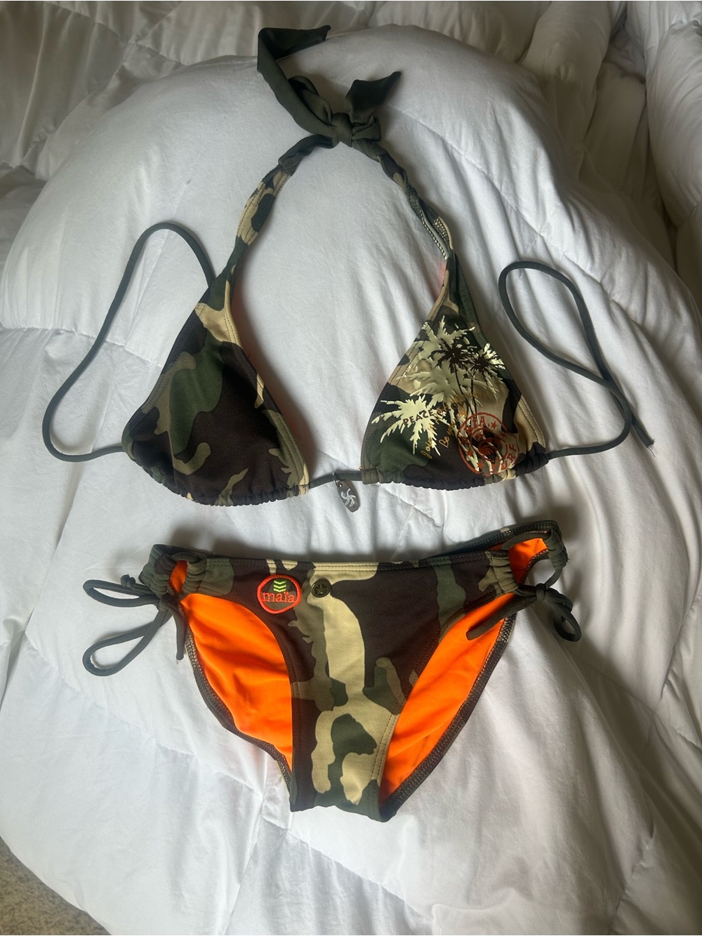 Malia Camo Tie-String Bikini in Green and Orange